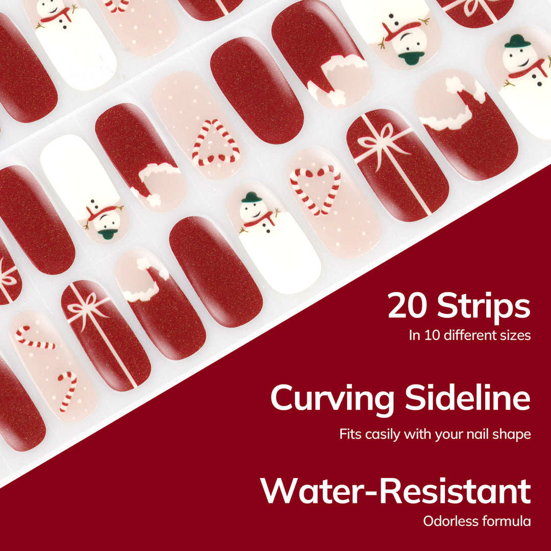 Lavinda Semi Cured Gel Nail Strips - 20 Pcs Christmas Gel Nail Wraps with Candy Cane, Snowman & Glitter, Winter