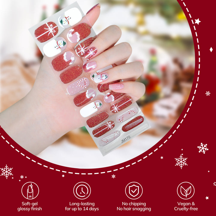 Lavinda Semi Cured Gel Nail Strips - 20 Pcs Christmas Gel Nail Wraps with Candy Cane, Snowman & Glitter, Winter