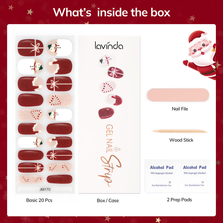 Lavinda Semi Cured Gel Nail Strips - 20 Pcs Christmas Gel Nail Wraps with Candy Cane, Snowman & Glitter, Winter