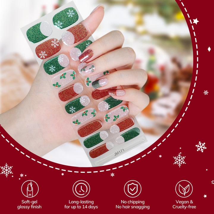 Lavinda Semi Cured Gel Nail Strips - 20 Pcs Christmas Gel Nail Wraps with Candy Cane, Snowman & Glitter, Winter