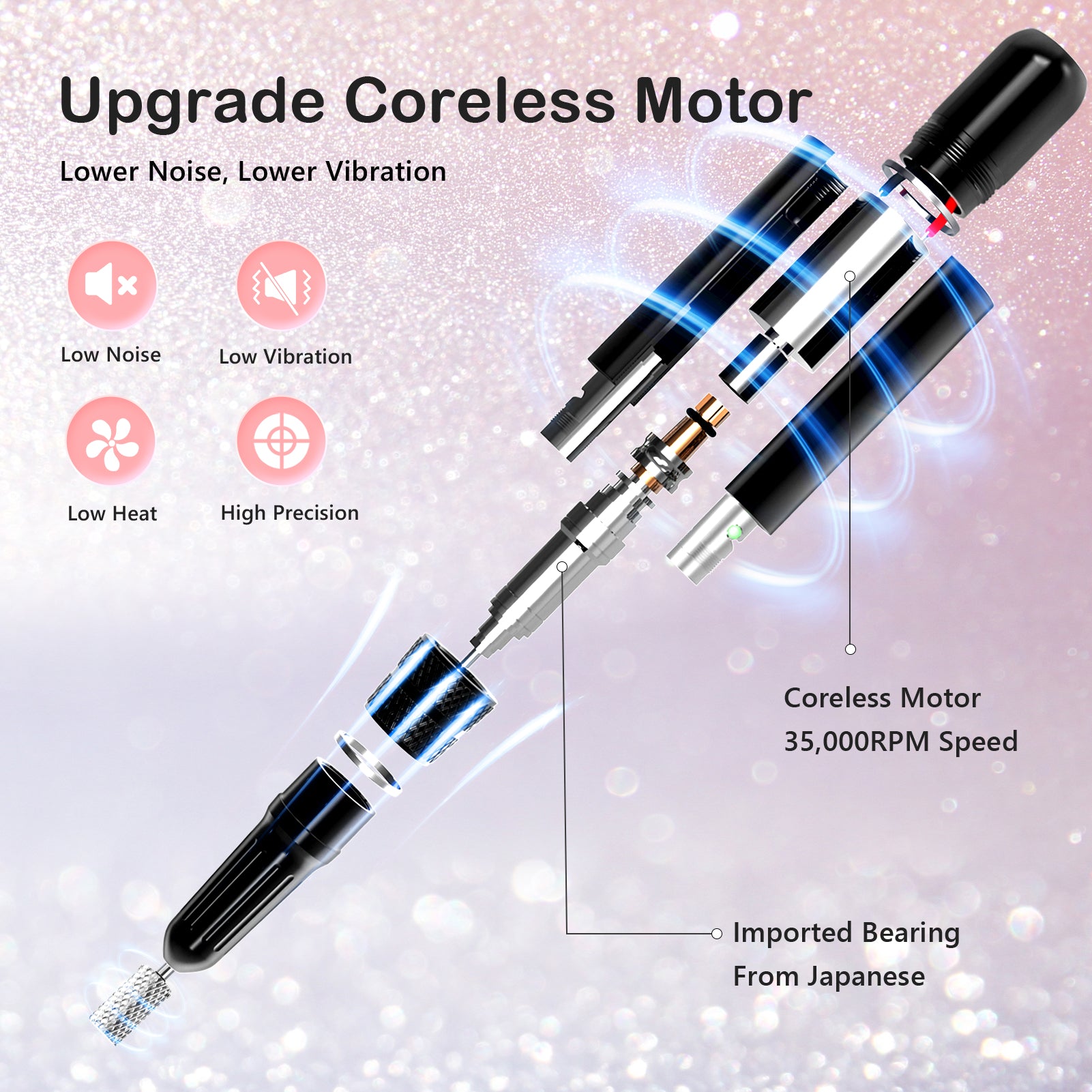 Wand Nail Drill - Pink Diamond - 35,000 RPM Rechargeable