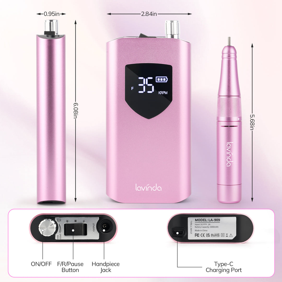 Lavinda 35000RPM Electric Nail Drill, Cordless Rechargeable Efile for Acrylic & Gel Nails - Pink