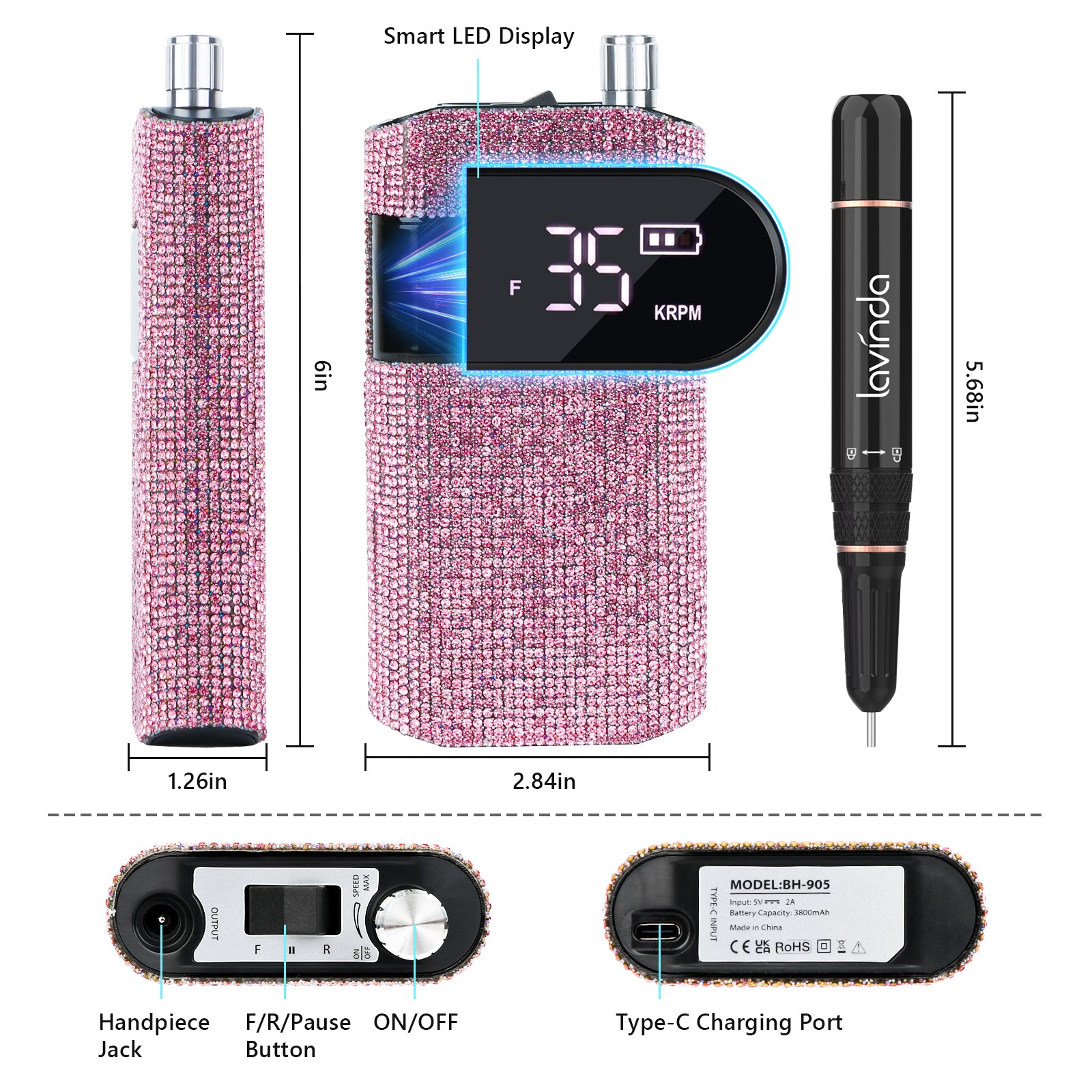 Wand Nail Drill - Pink Diamond - 35,000 RPM Rechargeable