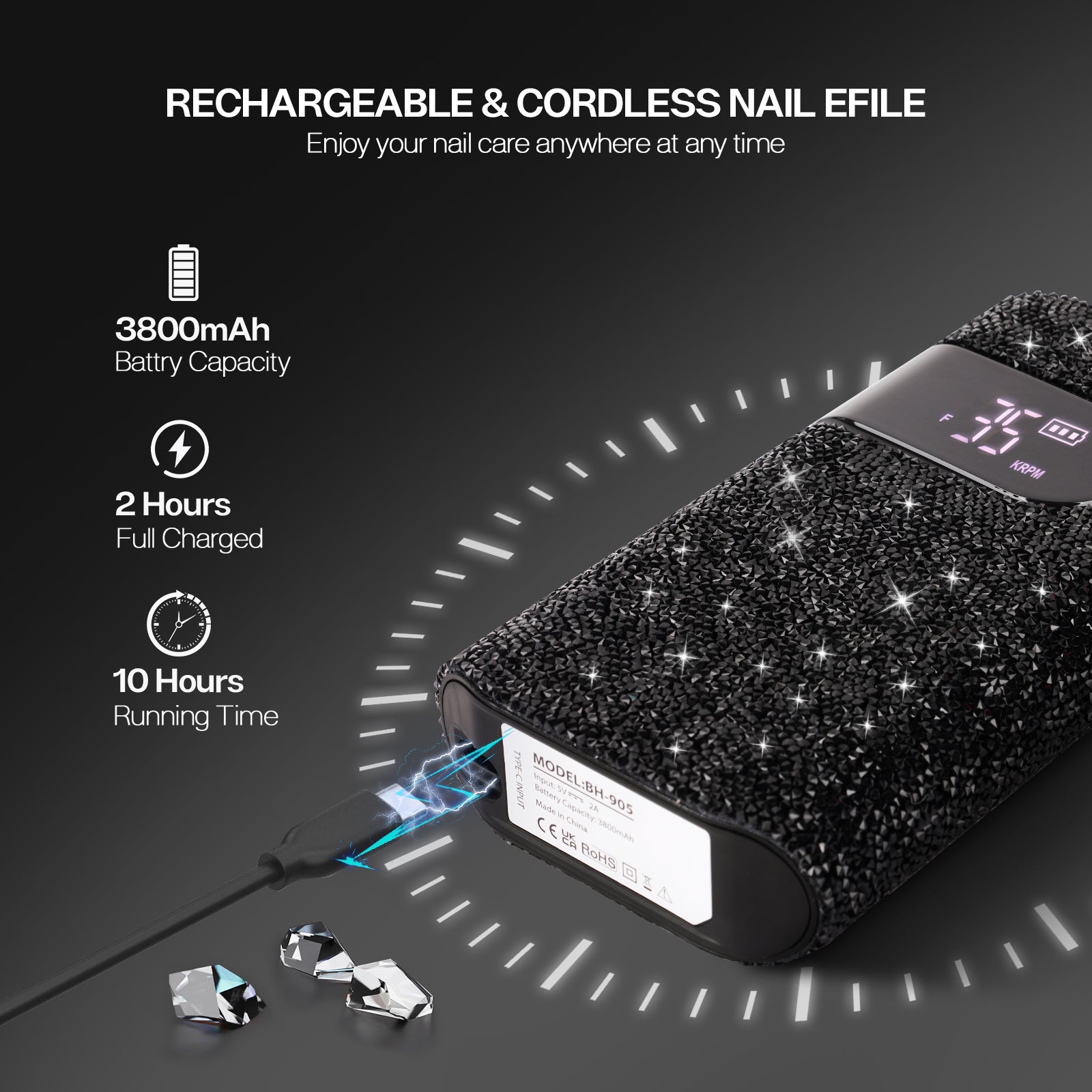 Wand Nail Drill - Black Diamond - 35,000 RPM Rechargeable