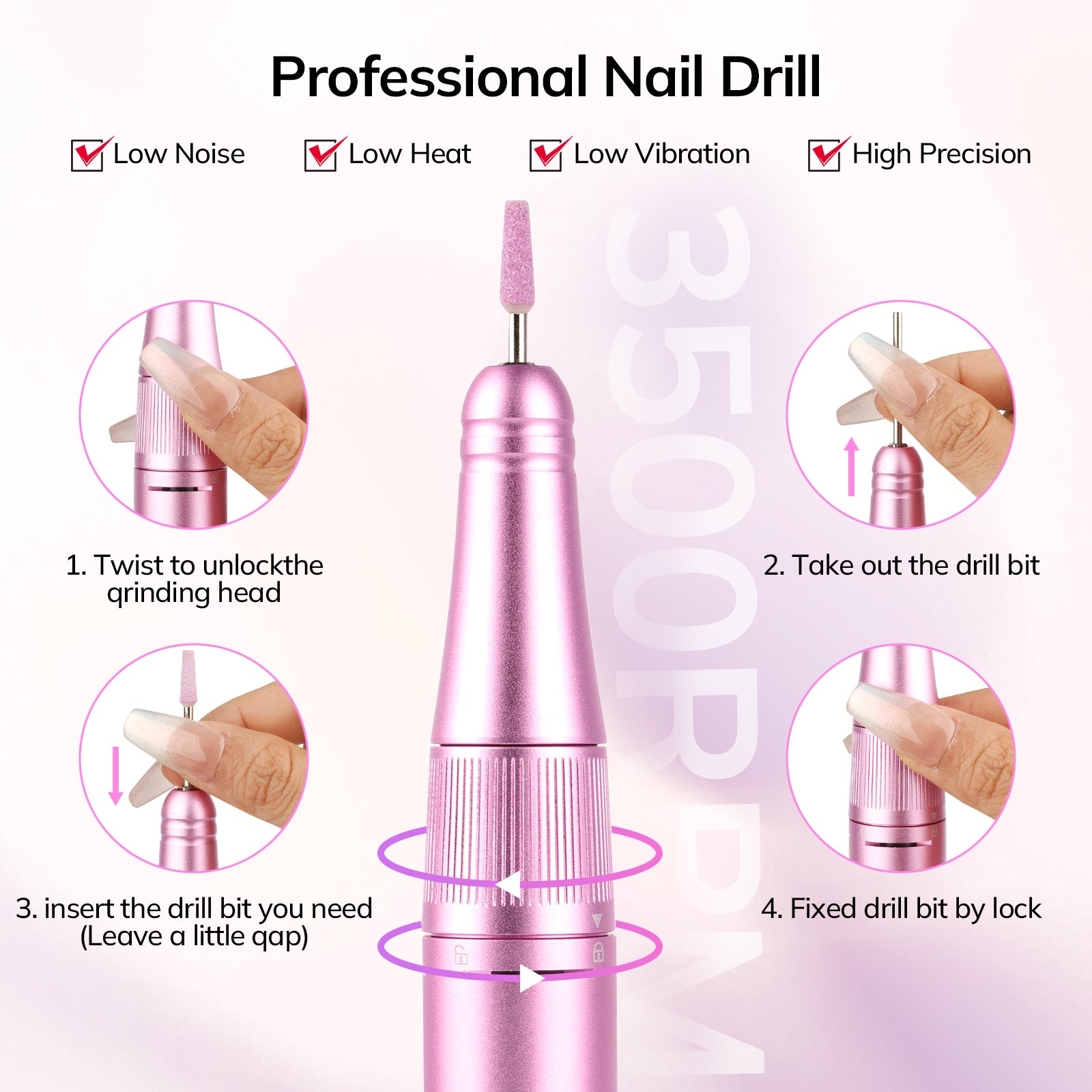 Glow Lite & Wand Ease Nail Drill Bundle – Matte White + Metallic Pink
