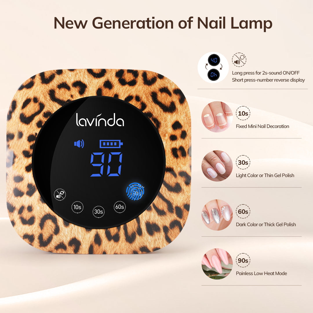 Lavinda 54W UV LED Nail Lamp Cordless Rechargeable 4 Timer Settings 2X Faster Gel Curing Leopard Design