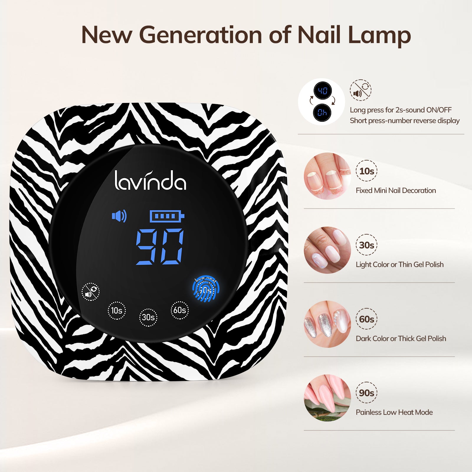 Lavinda Crown Nail Lamp - Zebra Print - 54W Rechargeable UV/LED