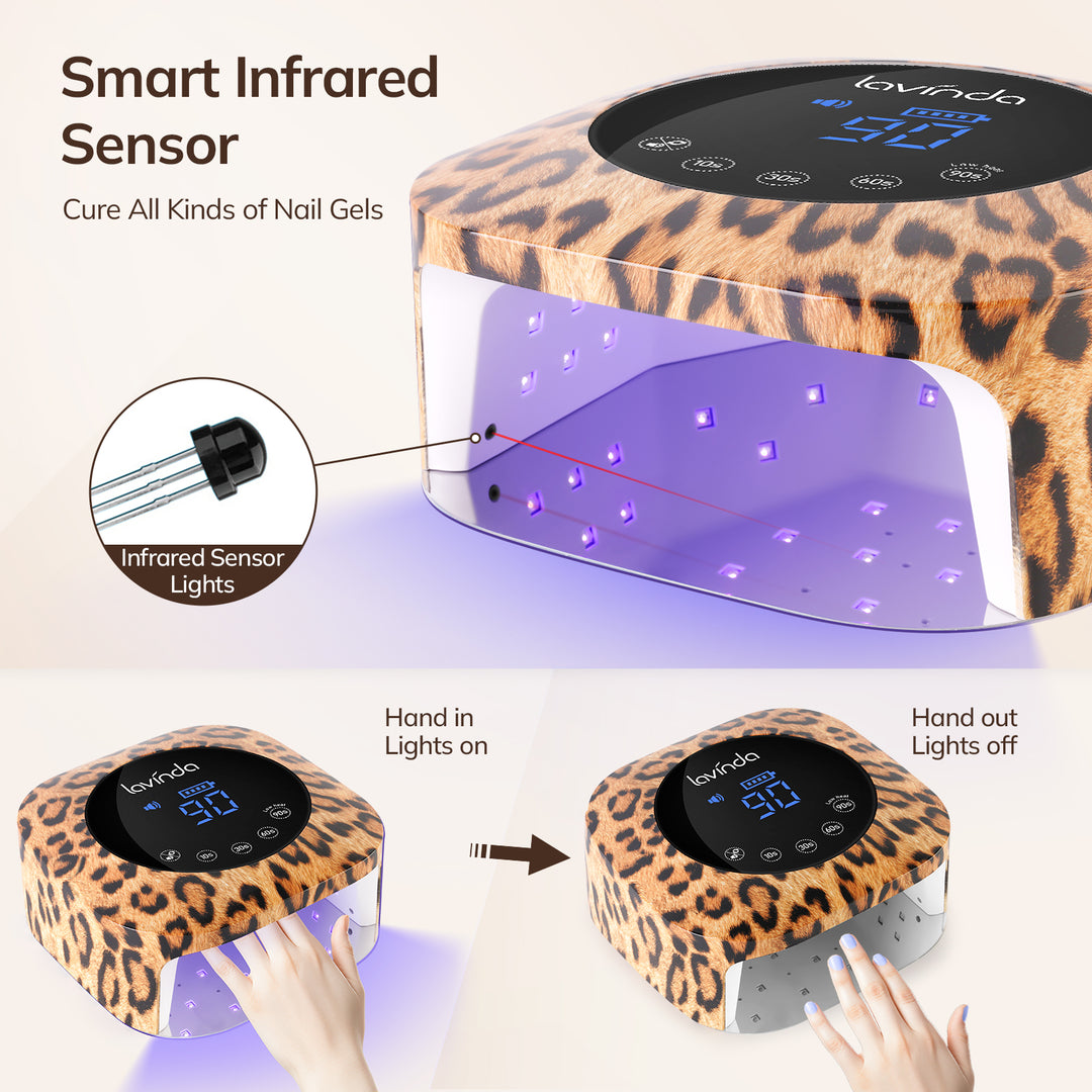 Lavinda 54W UV LED Nail Lamp Cordless Rechargeable 4 Timer Settings 2X Faster Gel Curing Leopard Design