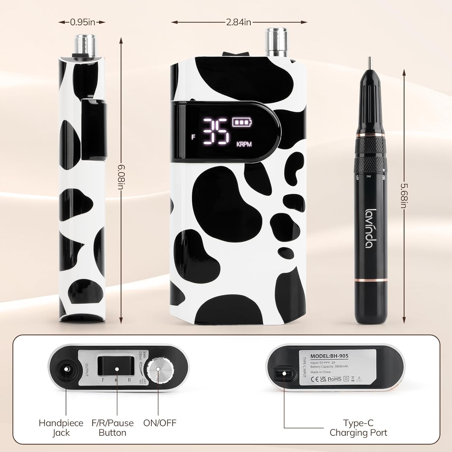 Crown Nail Lamp & Wand Nail Drill Bundle - Cow Print