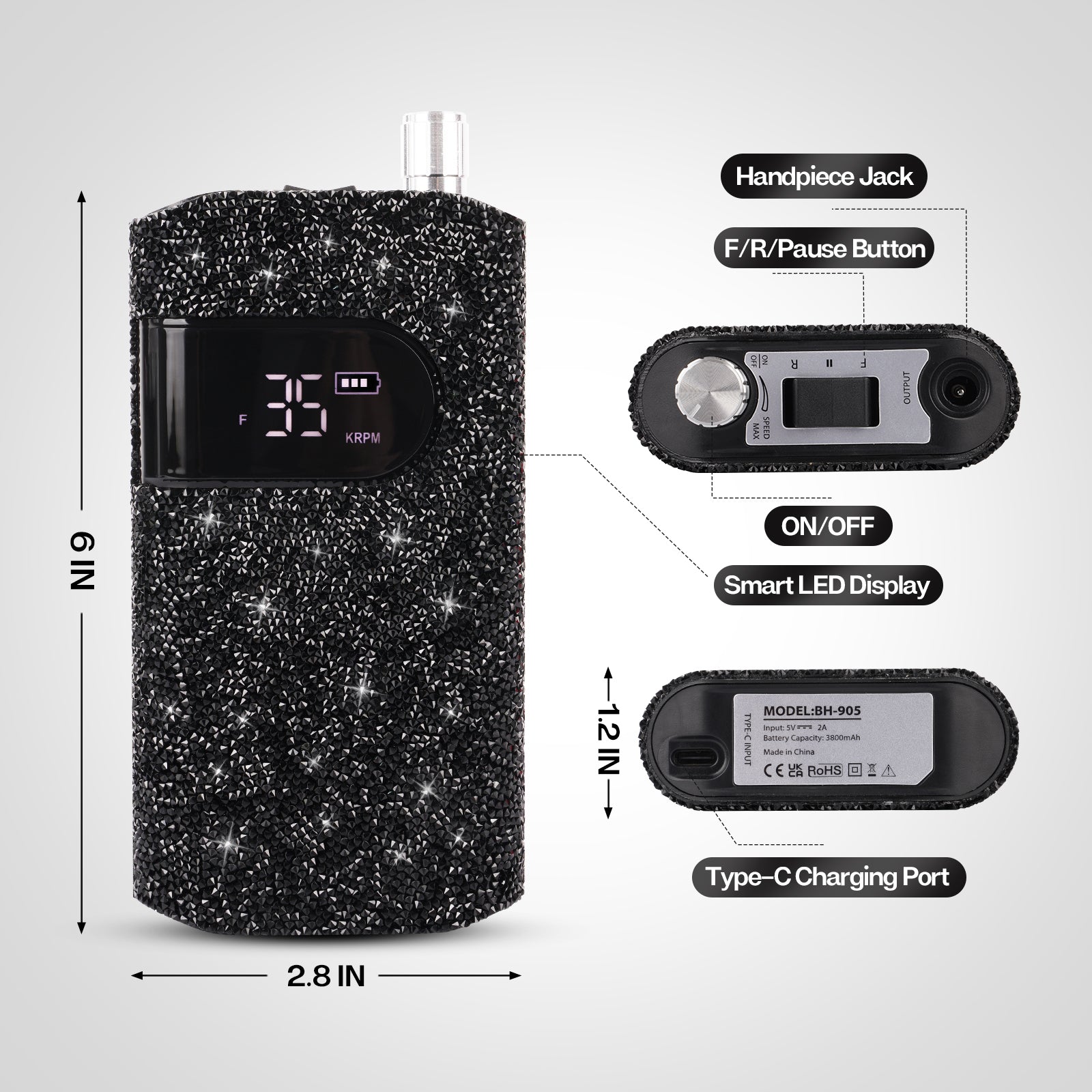 Wand Nail Drill - Black Diamond - 35,000 RPM Rechargeable