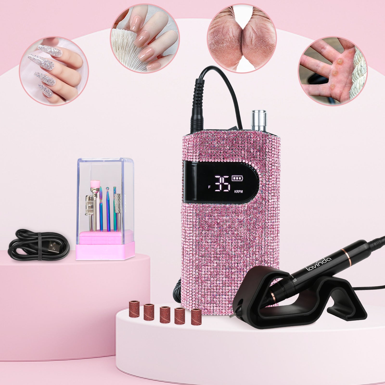 Wand Nail Drill - Pink Diamond - 35,000 RPM Rechargeable