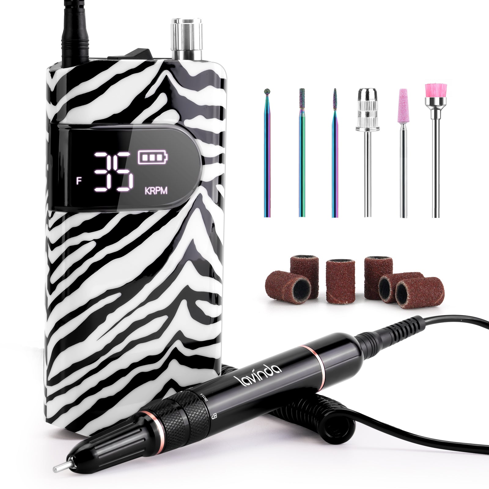 Lavinda Wand Nail Drill - Zebra Print - 35,000 RPM Rechargeable